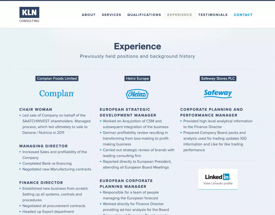Website Experience section design - KLN Consulting