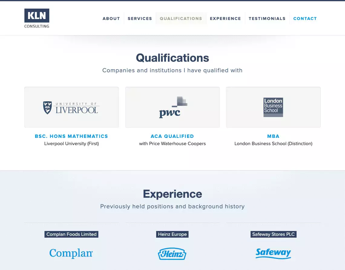 Website Qualifications section design - KLN Consulting