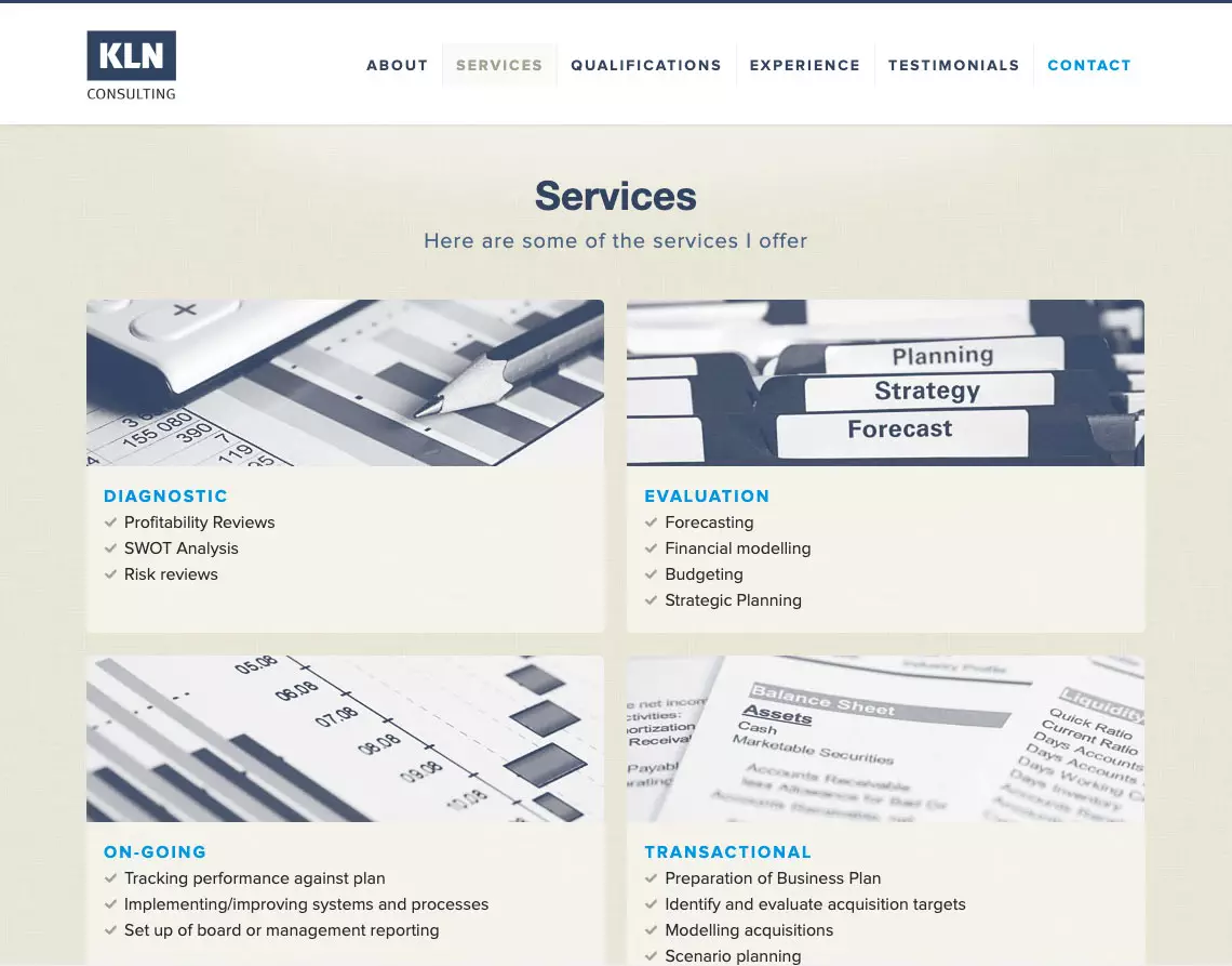 Website Services section design - KLN Consulting
