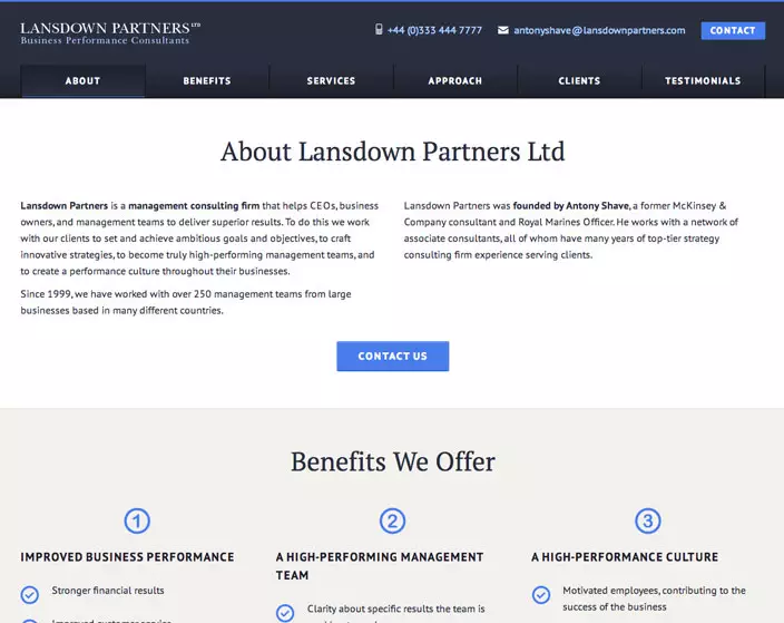 Lansdown Partners custom WordPress theme about page