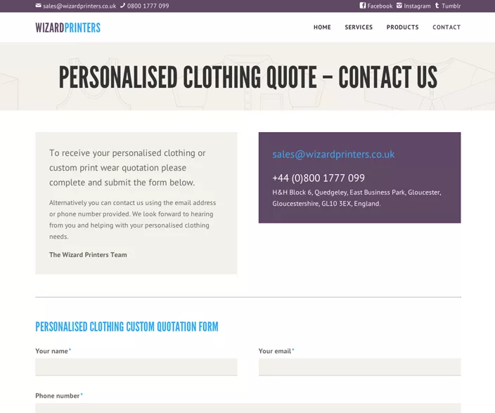 Wizard Printers custom WordPress theme contact page