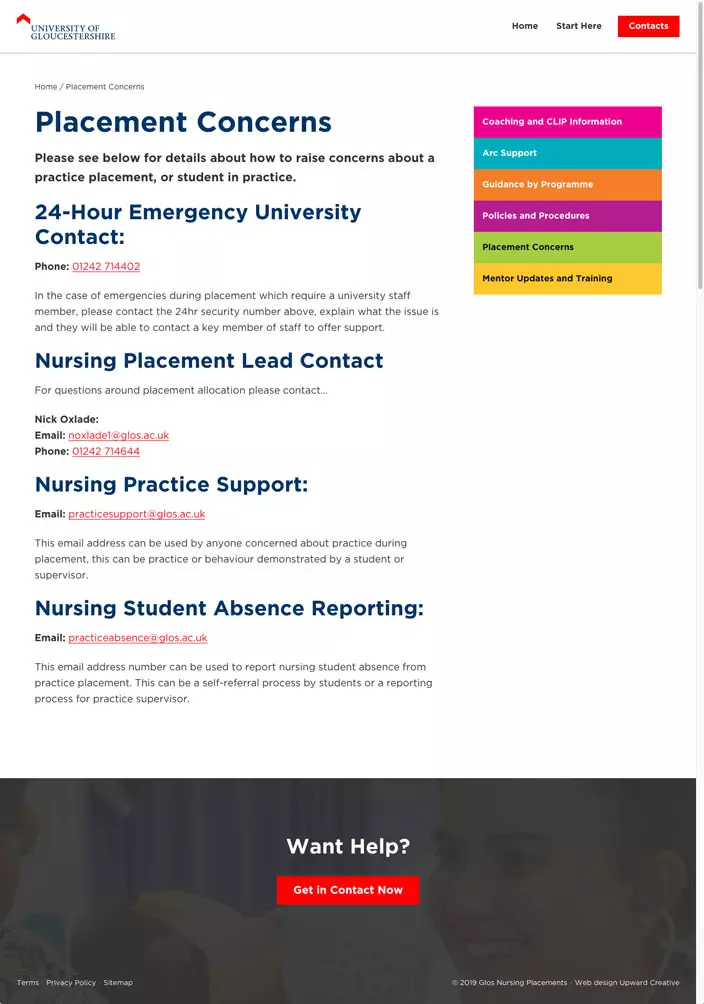 University of Gloucestershire web design Placements page
