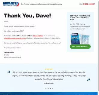 Advanced Removals website sales funnel offer success page